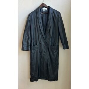 Vintage 80s 90s Donna Pelle Long Black Leather Trench Coat M Grunge Goth Cyber